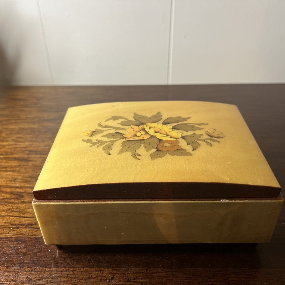 Vintage Wooden Jewelry Music Box Floral Inlay Made In Italy Working